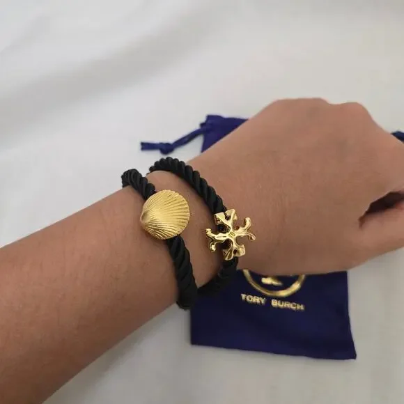 NEW Tory Burch Shell Logo Rope Bracelet Black 18K Gold Plated Bold Summer Beach - Picture 3 of 6